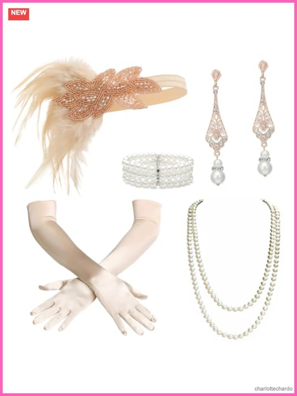 6pc 1920s Flapper Gatsby Accessory Set Headband Necklace Gloves